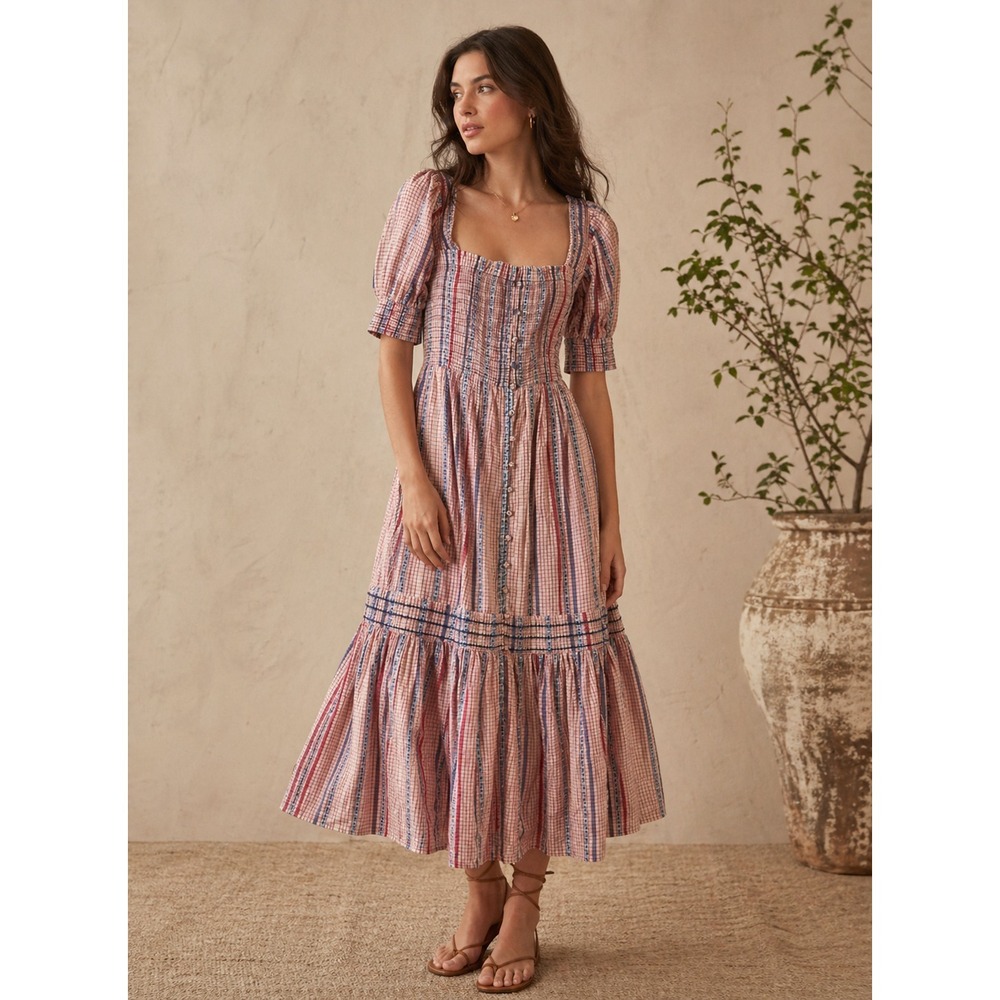 Anthropologie Peregrine Puff-Sleeve Midi Dress Sz S Pink  Tiered Cottage Boho